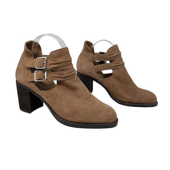 Jeffrey Campbell‎ Tan Suede Stacked Heel 2Buckle Booties 10 - Picture 1 of 6